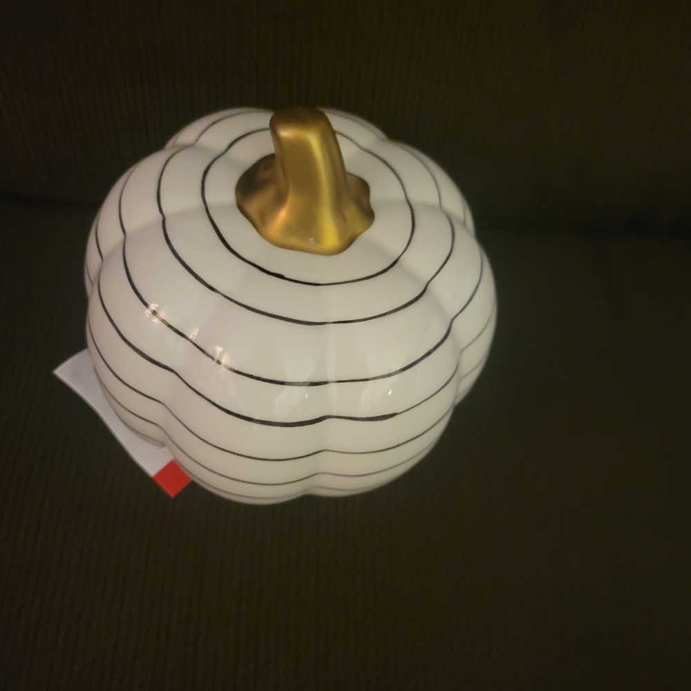 Gold Stem Orange Pumpkin & White Ceramic Pumpkin With Black Circles Pattern - Picture 3 of 11